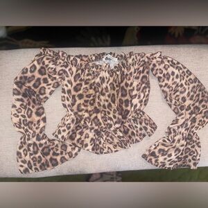 Black Bead Leopard Print Off Shoulder Boho Peasant Crop Top Bell Sleeve Small